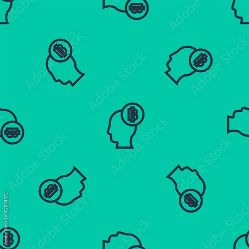 Blue line Bitcoin think icon isolated seamless pattern on green background. Cryptocurrency head. Blockchain technology, digital money market, cryptocoin wallet. Vector Illustration