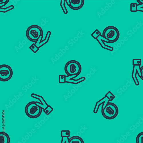 Blue line Hand holding Bitcoin icon isolated seamless pattern on green background. Blockchain technology, digital money market, cryptocoin wallet. Vector Illustration