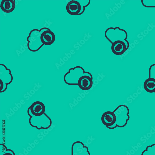 Blue line Cryptocurrency cloud mining icon isolated seamless pattern on green background. Blockchain technology, bitcoin, digital money market, cryptocoin wallet. Vector Illustration