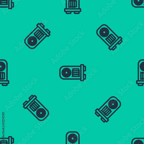 Blue line Mining farm icon isolated seamless pattern on green background. Cryptocurrency mining, blockchain technology, bitcoin, digital money market, wallet. Vector Illustration