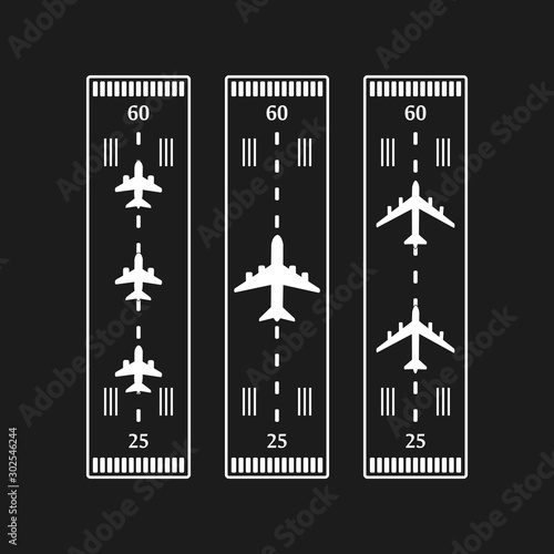 Takeoff and landing airplanes set. Runway with jet aircraft top view. Airport elements top view. Instrument landing system scheme. Vector airport symbol and background.