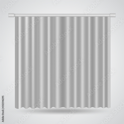 Blank white curtains hanging on metallic bar isolated on white background. Indoors minimalism design ideas, creative branding template. Textile or plastic drapes for bathroom or livingroom decoration.