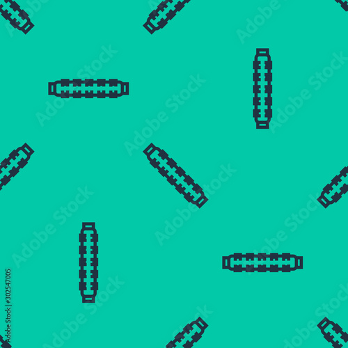 Blue line Hunting cartridge belt with cartridges icon isolated seamless pattern on green background. Bandolier sign. Hunter equipment, armament. Vector Illustration