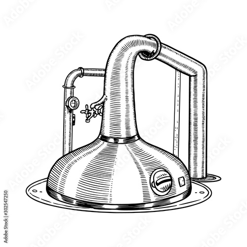 Pot Swan necked copper stills distillery for making alcohol. Engraved hand drawn vintage retro sketch for logo or whiskey label or alcohol menu. Vector illustration.
