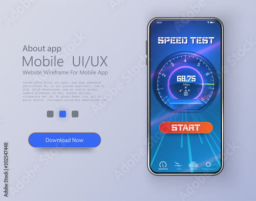 Design of mobile app, UI, UX, GUI. Internet speed test smartphone interface vector template. Mobile app page blue design layout. Wifi, mobile internet booster screen. Button start test speed internet.