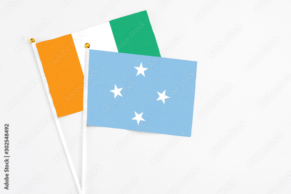Micronesia and Cote D'Ivoire stick flags on white background. High quality fabric, miniature national flag. Peaceful global concept.White floor for copy space. Micronesia and Cote D'Ivoire stick flags on white background. High quality fabric, miniature national flag. Peaceful global concept.White floor for copy space.