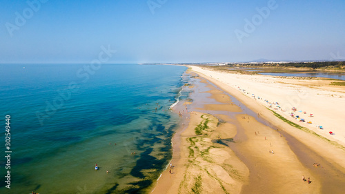 Aerial. View from the sky of the beach of Fabrica  Cancela Velha  Vila Real Santo Antonio. Portugal Algarve