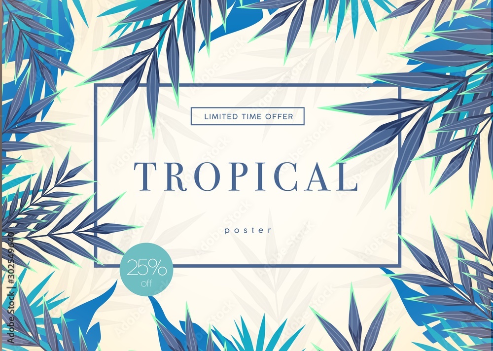 Plakat Jasny tropikalny tło z roślinami dżungli. Egzotyczny wzór z tropikalnymi liśćmi