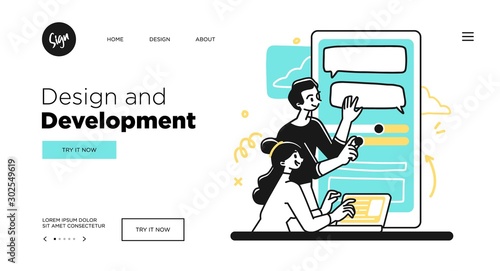 Designing Developing and programming technologies concept. Web page template with modern outline vector illustration.