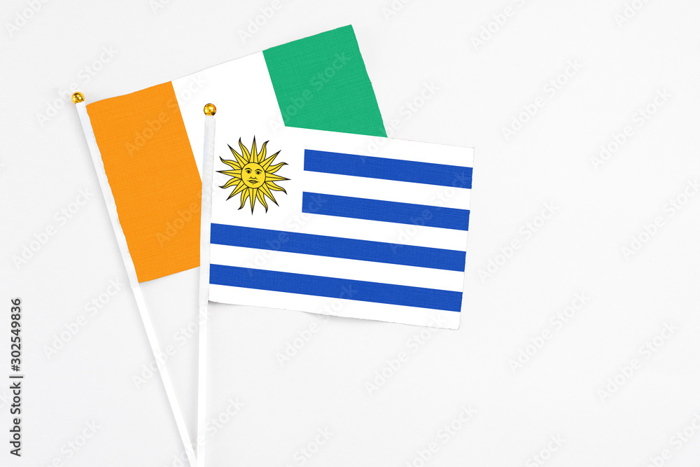 Uruguay and Cote D'Ivoire stick flags on white background. High quality fabric, miniature national flag. Peaceful global concept.White floor for copy space. Uruguay and Cote D'Ivoire stick flags on white background. High quality fabric, miniature national flag. Peaceful global concept.White floor for copy space.