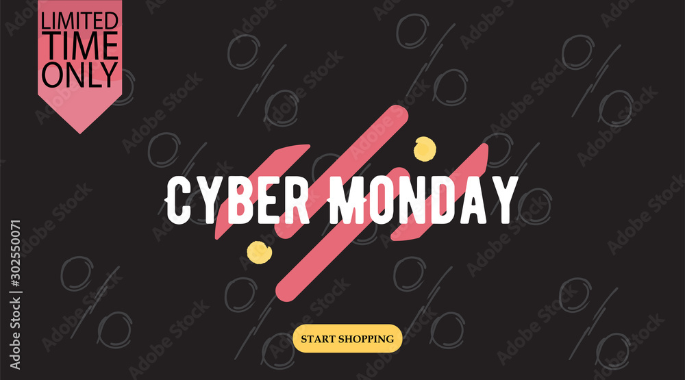 Fototapeta premium Advertising sale in honor of Cyber Monday.Colorful vector banner as promotion of special offer of discounts to the event. Attractive online trading poster.