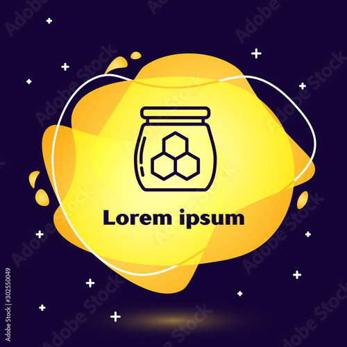 Black line Jar of honey icon isolated on dark blue background. Food bank. Sweet natural food symbol. Abstract banner with liquid shapes. Vector Illustration