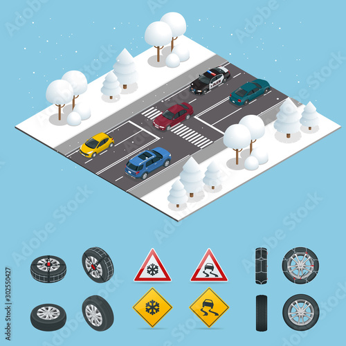 Isometric slippery, ice, winter, snow road and cars. Caution Snow. Winter Driving and road safety. Urban transport.
