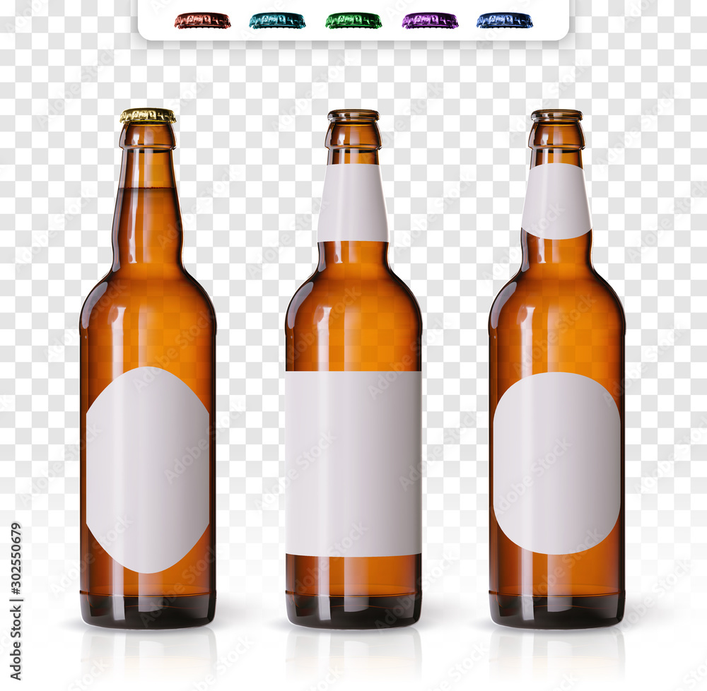 Wheat beer ads, realistic vector beer bottle with attractive beer and ingredients on background. Bottle beer brand concept on backgrounds, with different mock ups and caps. Set of bottles - obrazy, fototapety, plakaty 