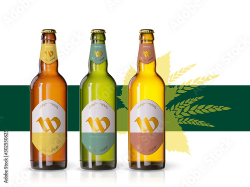 Wheat beer ads, realistic vector beer bottle with attractive beer and ingredients on background. Bottle beer brand concept on backgrounds with wheats and hops. Set of bottles