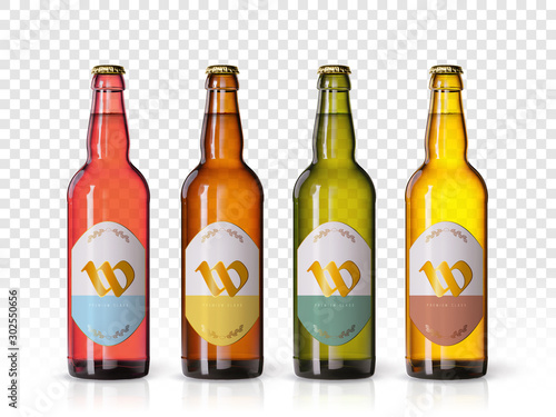 Wheat beer ads, realistic vector beer bottle with attractive beer and ingredients on background. Bottle beer brand concept on backgrounds with wheats and hops. Set of bottles
