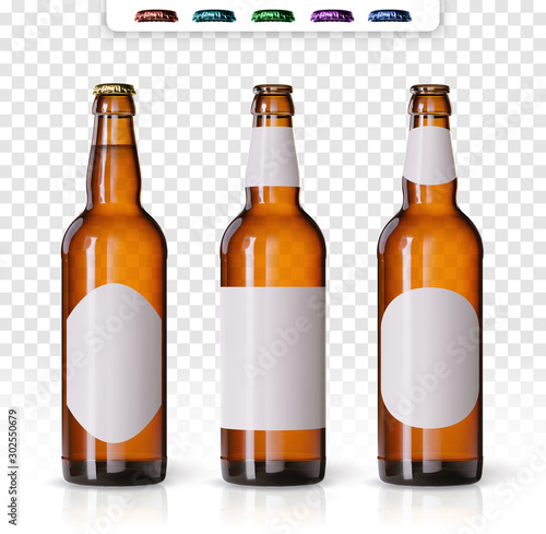 Wheat beer ads, realistic vector beer bottle with attractive beer and ingredients on background. Bottle beer brand concept on backgrounds, with different mock ups and caps. Set of bottles photo