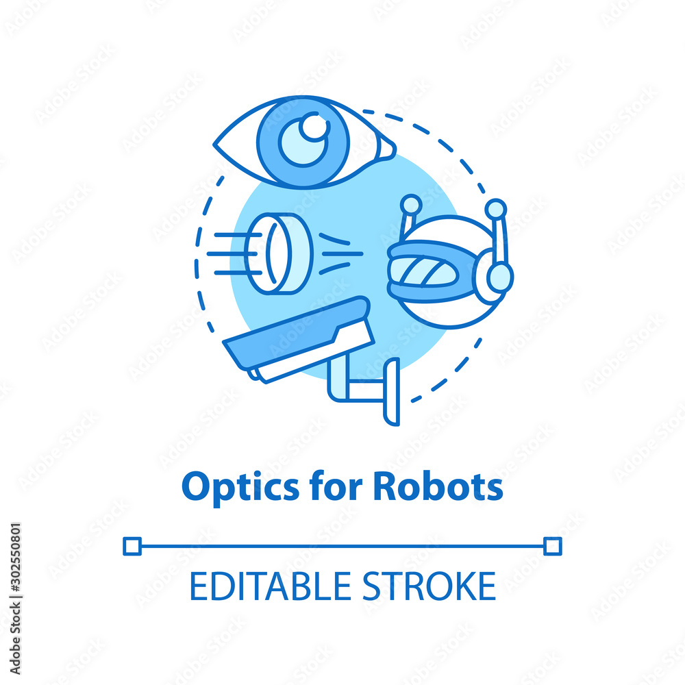 Optics for robots blue concept icon. Robotic lenses idea thin line illustration. Innovative cctv cameras. Special futuristic glass for electronics. Vector isolated outline drawing. Editable stroke Optics for robots blue concept icon. Robotic lenses idea thin line illustration. Innovative cctv cameras. Special futuristic glass for electronics. Vector isolated outline drawing. Editable stroke