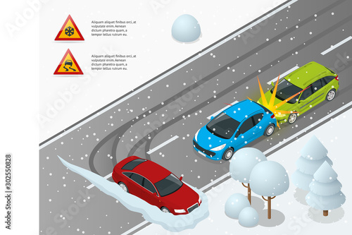 Isometric Winter Driving and road safety. The car rides on a slippery road. Urban transport. Can be used for advertisement, infographics, game or mobile apps icon.