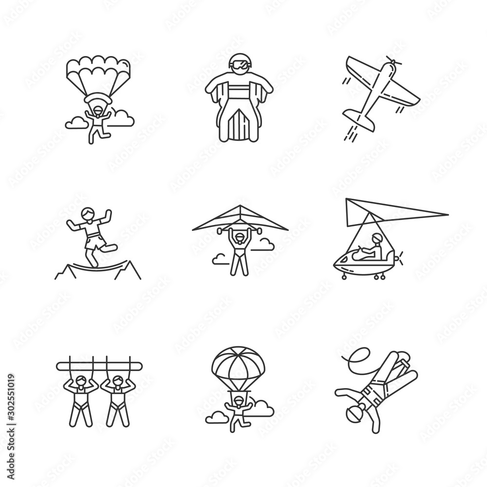 Air extreme sport linear icons set. Skydiving, parachuting, hang gliding, wingsuiting. Aerobatics, highlining, paragliding. Giant swing, bungee jumping. Isolated vector illustrations. Editable stroke