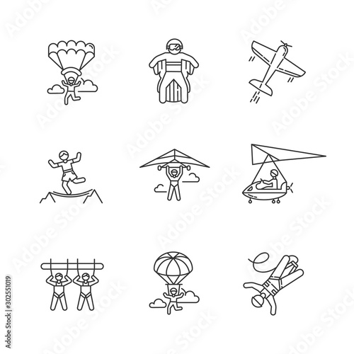 Air extreme sport linear icons set. Skydiving, parachuting, hang gliding, wingsuiting. Aerobatics, highlining, paragliding. Giant swing, bungee jumping. Isolated vector illustrations. Editable stroke
