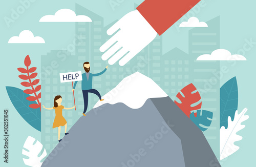 Tiny emergency assistance person concept. Rescue solution in danger and problematic situation.