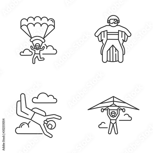 Air extreme sport linear icons set. Hang gliding, skydiving, wing suiting and paragliding. Outdoor activities. Thin line contour symbols. Isolated vector outline illustrations. Editable stroke