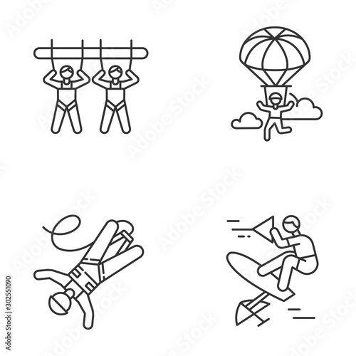 Air extreme sport linear icons set. Giant swing, parachuting, bungee jumping and wakeboarding. Outdoor activities. Thin line contour symbols. Isolated vector outline illustrations. Editable stroke