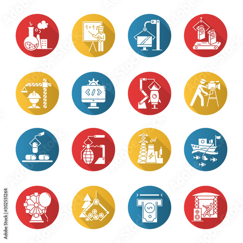 Industry types flat design long shadow glyph icons set. Goods and services production. Human activities for profit. Businesses in various sectors of economy. Vector silhouette illustration