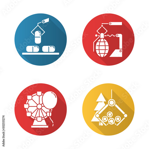 Industry types flat design long shadow glyph icons set. Pharmaceutical, arms, entertainment, timber business spheres. Goods and services production. Vector silhouette illustration
