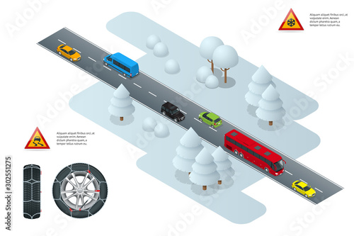 Isometric slippery, ice, winter, snow road and cars. Caution Snow. Winter Driving and road safety. Urban transport. Chains snow on the wheel