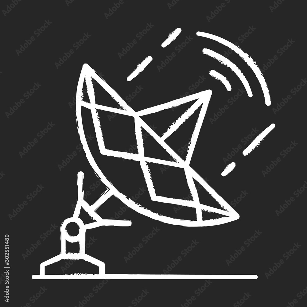 Telecommunication industry chalk icon. Global broadcasting and telecommunication with satellite. Information streaming. Radio signal, frequency waves. Isolated vector chalkboard illustration Telecommunication industry chalk icon. Global broadcasting and telecommunication with satellite. Information streaming. Radio signal, frequency waves. Isolated vector chalkboard illustration