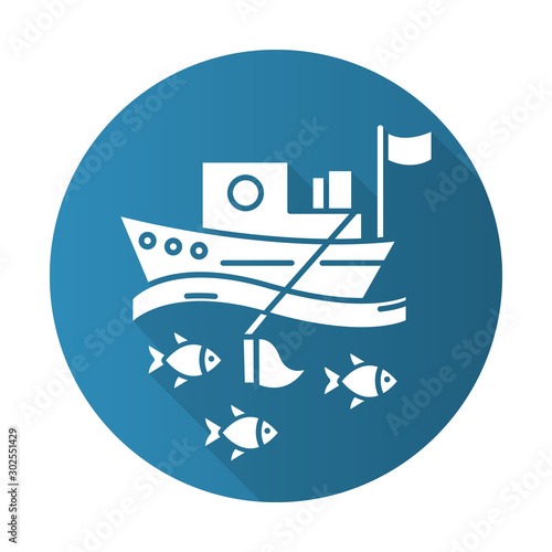 Fishing industry blue flat design long shadow glyph icon. blue color icon. Fishery sector. Commercial fishing activity. Trawler in sea. Business in ocean. Vector silhouette illustration