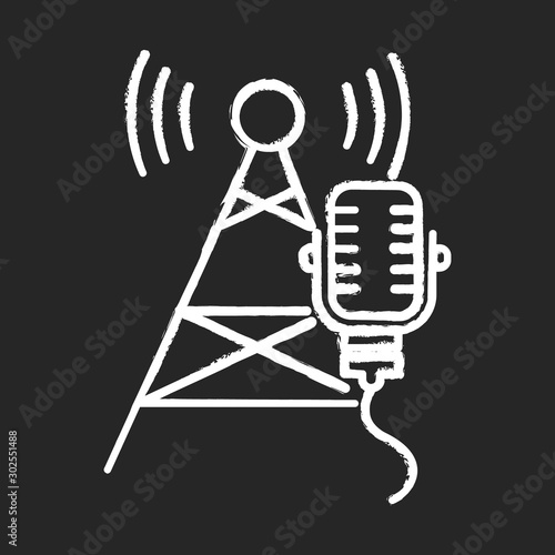 Broadcasting industry chalk icon. Telecommunications and network. Soundwave signal. Telecom tower and microphone. News, radio. Information streaming equipment. Isolated vector chalkboard illustration