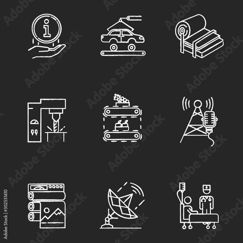 Industry types chalk icons set. Information sign. Automotive production. Pulp and paper. Steel industry. Fruit supply. Broadcasting and news. Healthcare. Isolated vector chalkboard illustrations