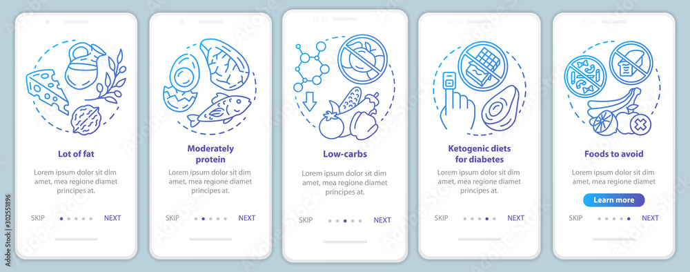 Keto diet blue onboarding mobile app page screen vector template. Healthy nutrition. Low carbs and lot of fat eating. Walkthrough website steps with linear icons. UX, UI, GUI smartphone interface