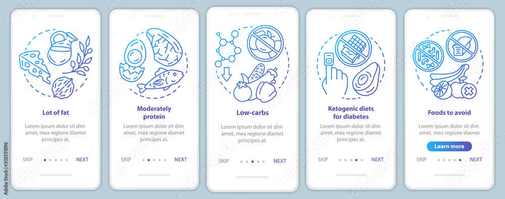 Keto diet blue onboarding mobile app page screen vector template. Healthy nutrition. Low carbs and lot of fat eating. Walkthrough website steps with linear icons. UX, UI, GUI smartphone interface Keto diet blue onboarding mobile app page screen vector template. Healthy nutrition. Low carbs and lot of fat eating. Walkthrough website steps with linear icons. UX, UI, GUI smartphone interface