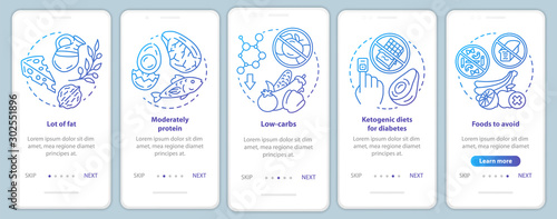 Keto diet blue onboarding mobile app page screen vector template. Healthy nutrition. Low carbs and lot of fat eating. Walkthrough website steps with linear icons. UX, UI, GUI smartphone interface