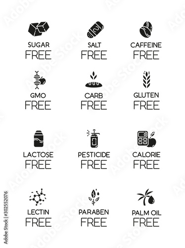 Product free ingredient glyph icons set. No lectine, paraben, gmo, gluten. Organic food, healthy eating. Low calories meals. Dietary without allergens. Silhouette symbols. Vector isolated illustration