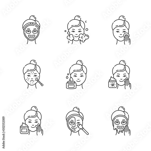 Skin care procedures linear icons set. Spot treatment for acne. Sunscreen. Mosturizing face cleanser. Thermal mask. Thin line contour symbols. Isolated vector outline illustrations. Editable stroke