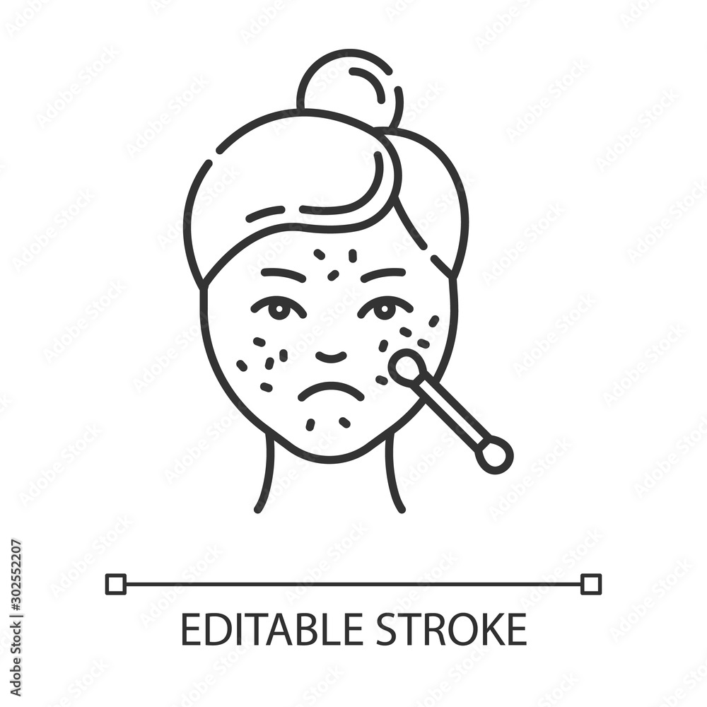 Obraz premium Spot treatmeant linear icon. Skincare procedure. Cleansing for problematic skin. Medical product. Thin line illustration. Contour symbol. Vector isolated outline drawing. Editable stroke