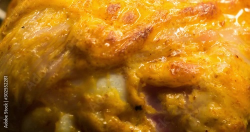 Chicken in Creamy Sauce Cooking Inside of Convection Oven Extreme Close-up Time Lapse