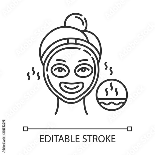 Using thermal mask linear icon. Skin care procedure. Facial beauty treatment. Dermatology, cosmetics, makeup. Thin line illustration. Contour symbol. Vector isolated outline drawing. Editable stroke