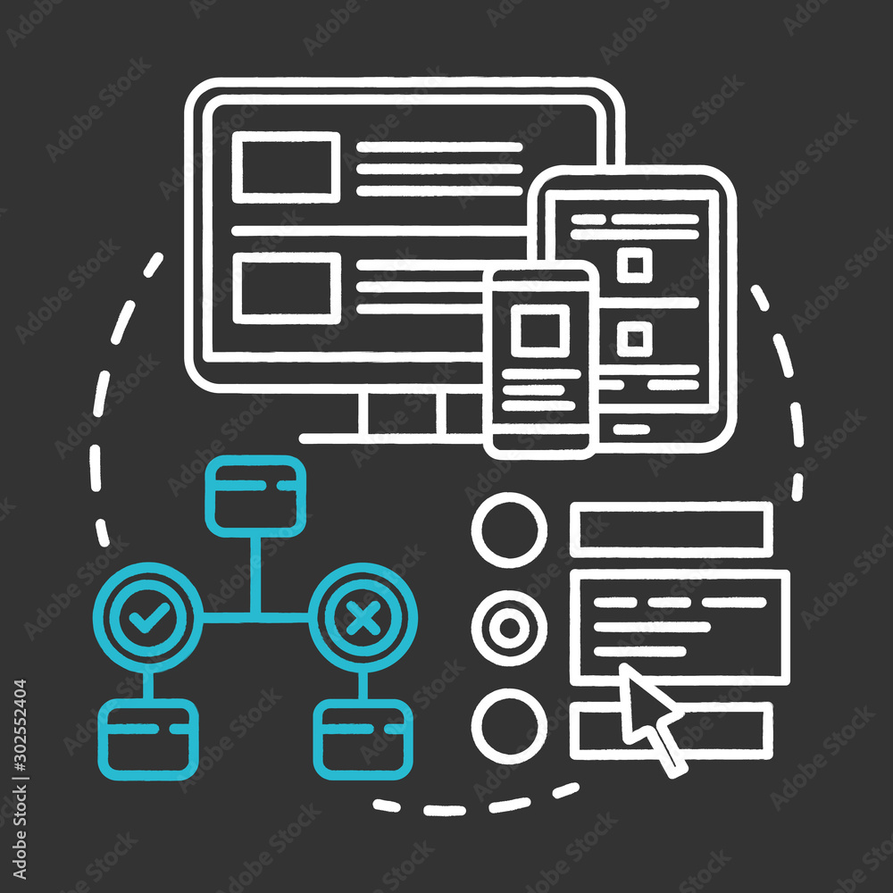 Interface testing chalk concept icon. UX, UI check idea thin line illustration. Software development stage. Application programming and coding. IT project idea. Vector isolated chalkboard illustration Interface testing chalk concept icon. UX, UI check idea thin line illustration. Software development stage. Application programming and coding. IT project idea. Vector isolated chalkboard illustration