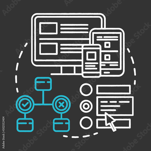 Interface testing chalk concept icon. UX, UI check idea thin line illustration. Software development stage. Application programming and coding. IT project idea. Vector isolated chalkboard illustration