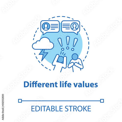 Different life values concept icon. Family quarrel. Disagreement. Inability to negotiate. Mutual accusations of partners idea thin line illustration. Vector isolated outline drawing. Editable stroke
