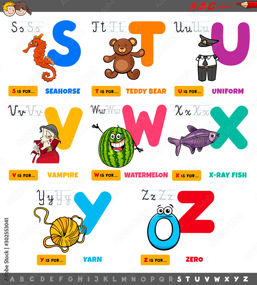 Naklejka educational cartoon alphabet letters set from S to Z