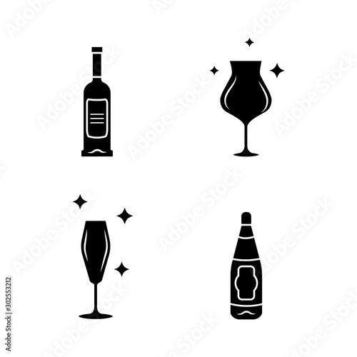 Alcohol drink glassware glyph icons set. Wine service. Crystal glasses shapes and types. Drinks and beverages types. Red wine bottles with labels. Silhouette symbols. Vector isolated illustration
