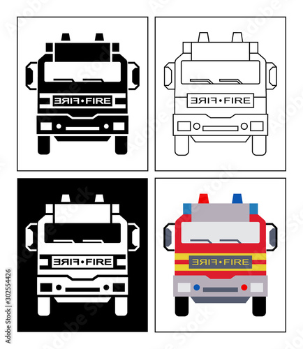 Fire department vehicle symbol presented as pictogram, black and white, line icons and flat icons. Set of fire truck icons.