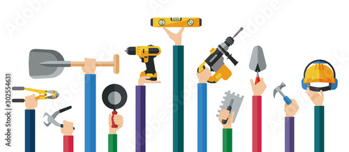 Flat design illustration of hands holding mason hand tools. Hands holding hand and power electric tools for construction workers. Vector illustration.